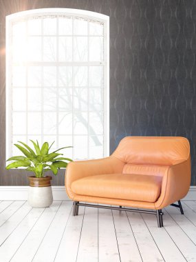 Büyük pencere ile modern parlak iç. 3D render