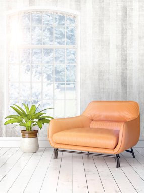 Büyük pencere ile modern parlak iç. 3D render