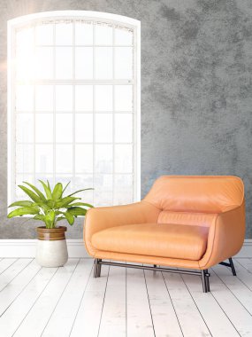 Büyük pencere ile modern parlak iç. 3D render