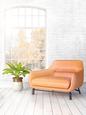 Büyük pencere ile modern parlak iç. 3D render