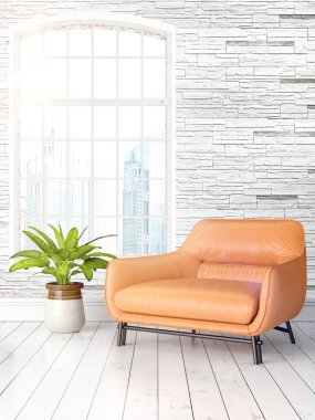 Büyük pencere ile modern parlak iç. 3D render