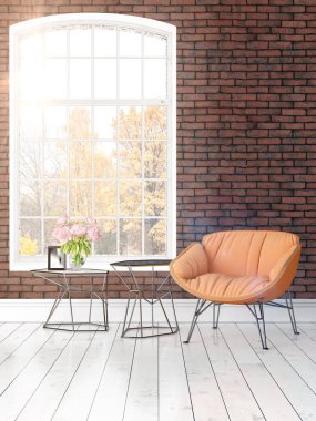 Büyük pencere ile modern parlak iç. 3D render