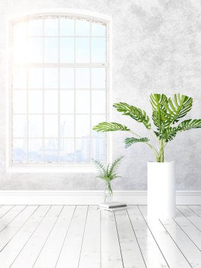 Büyük pencere ile modern parlak iç. 3D render