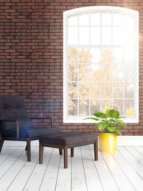 Büyük pencere ile modern parlak iç. 3D render