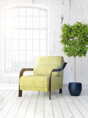 Büyük pencere ile modern parlak iç. 3D render