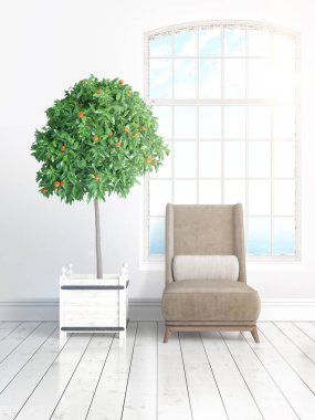 Büyük pencere ile modern parlak iç. 3D render