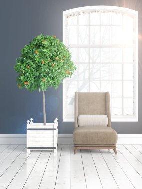 Büyük pencere ile modern parlak iç. 3D render