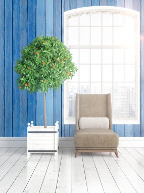 Büyük pencere ile modern parlak iç. 3D render