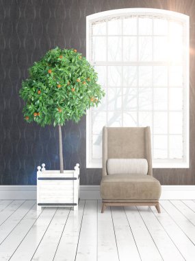 Büyük pencere ile modern parlak iç. 3D render