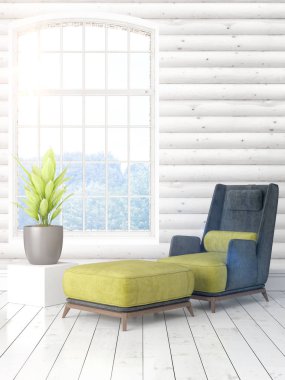 Büyük pencere ile modern parlak iç. 3D render