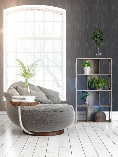 Büyük pencere ile modern parlak iç. 3D render