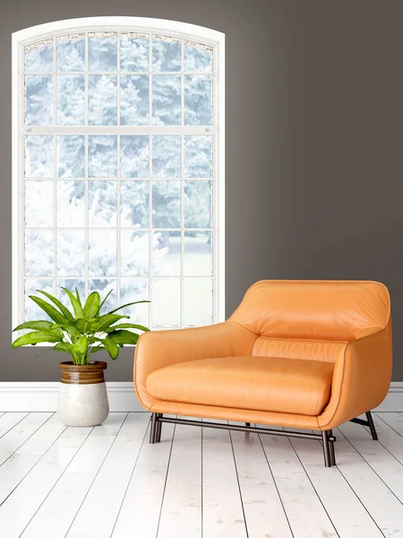 Büyük pencere ile modern parlak iç. 3D render