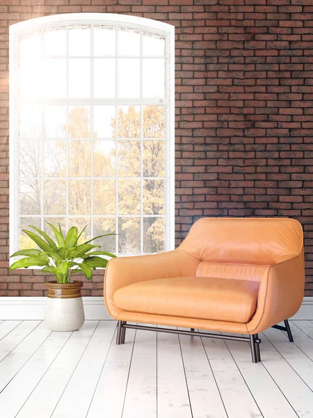 Büyük pencere ile modern parlak iç. 3D render