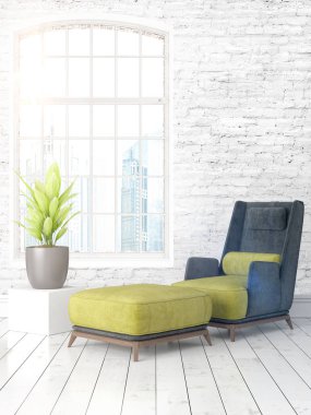 Büyük pencere ile modern parlak iç. 3D render