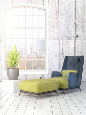 Büyük pencere ile modern parlak iç. 3D render