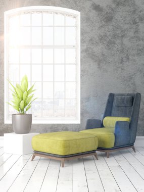 Büyük pencere ile modern parlak iç. 3D render