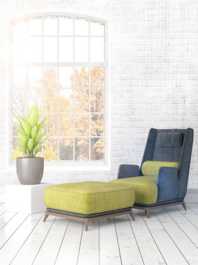 Büyük pencere ile modern parlak iç. 3D render