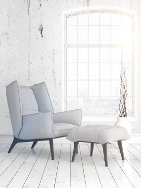 Büyük pencere ile modern parlak iç. 3D render