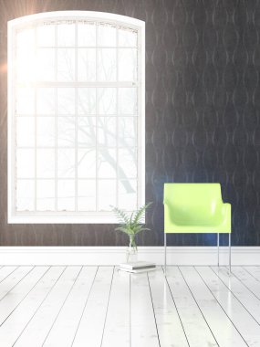 Büyük pencere ile modern parlak iç. 3D render