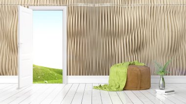 Açık kapı ile modern parlak iç. 3D render