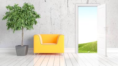 Açık kapı ile modern parlak iç. 3D render