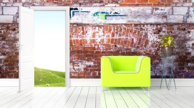 Açık kapı ile modern parlak iç. 3D render