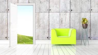 Açık kapı ile modern parlak iç. 3D render