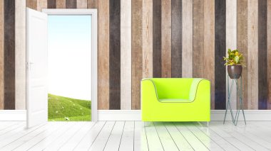 Açık kapı ile modern parlak iç. 3D render