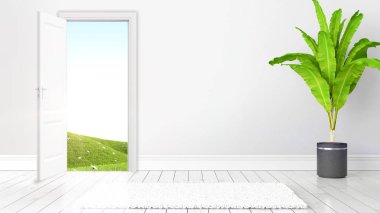 Açık kapı ile modern parlak iç. 3D render