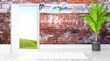 Açık kapı ile modern parlak iç. 3D render