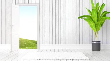 Açık kapı ile modern parlak iç. 3D render