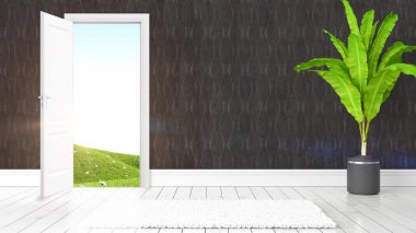 Açık kapı ile modern parlak iç. 3D render