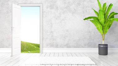 Açık kapı ile modern parlak iç. 3D render