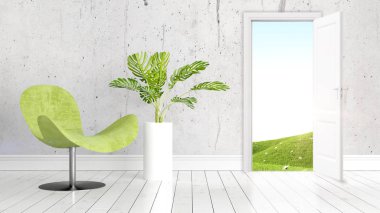 Açık kapı ile modern parlak iç. 3D render