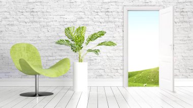 Açık kapı ile modern parlak iç. 3D render