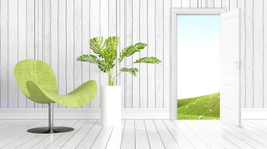 Açık kapı ile modern parlak iç. 3D render