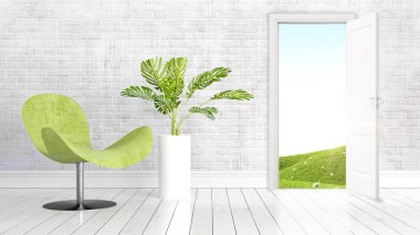 Açık kapı ile modern parlak iç. 3D render