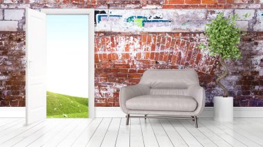 Açık kapı ile modern parlak iç. 3D render