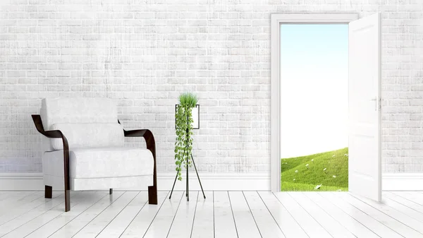 Moderno interno luminoso con porta aperta. Rendering 3D — Foto Stock