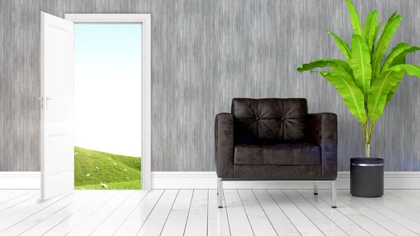 Interior moderno brilhante com porta aberta. Renderização 3D — Fotografia de Stock