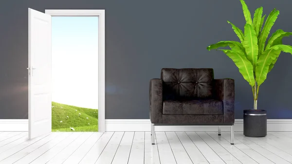 Interior moderno y luminoso con puerta abierta. Renderizado 3D —  Fotos de Stock