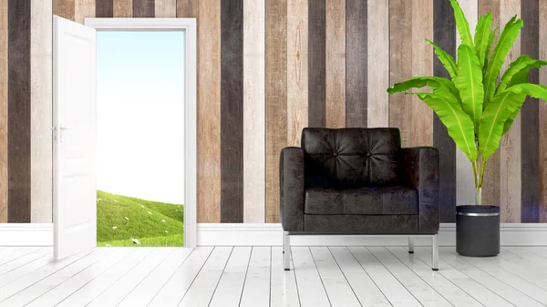 Açık kapı ile modern parlak iç. 3D render — Stok fotoğraf