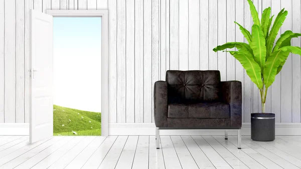 Açık kapı ile modern parlak iç. 3D render — Stok fotoğraf