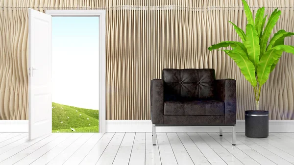 Interior moderno y luminoso con puerta abierta. Renderizado 3D —  Fotos de Stock