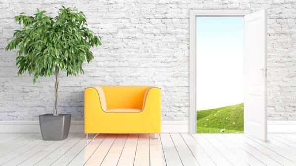 Modernes helles Interieur mit offener Tür. 3D-Darstellung — Stockfoto