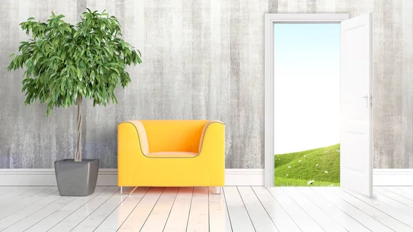 Moderní světlý interiér s otevřenými dveřmi. 3D vykreslování — Stock fotografie