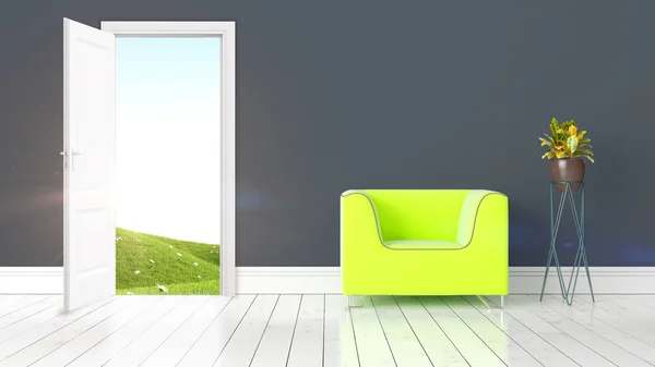 Moderní světlý interiér s otevřenými dveřmi. 3D vykreslování — Stock fotografie