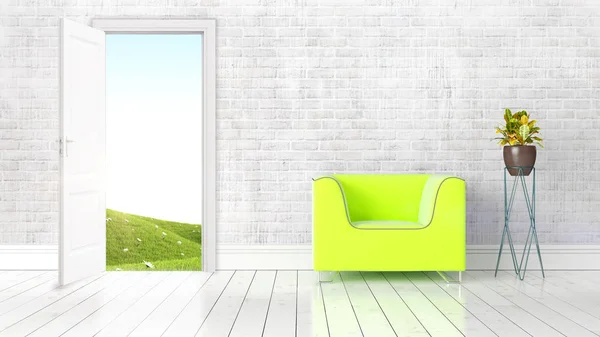 Interior moderno brilhante com porta aberta. Renderização 3D — Fotografia de Stock