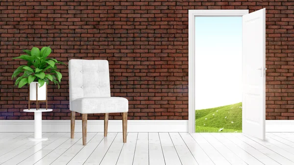 Moderne lichte interieur met open deur. 3D-rendering — Stockfoto