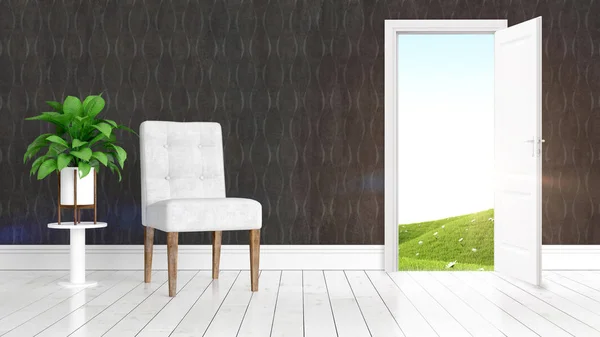 Modernes helles Interieur mit offener Tür. 3D-Darstellung — Stockfoto